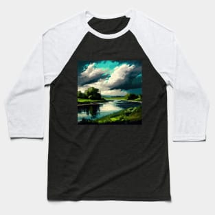 Blue and Green Spring River Scenery Baseball T-Shirt